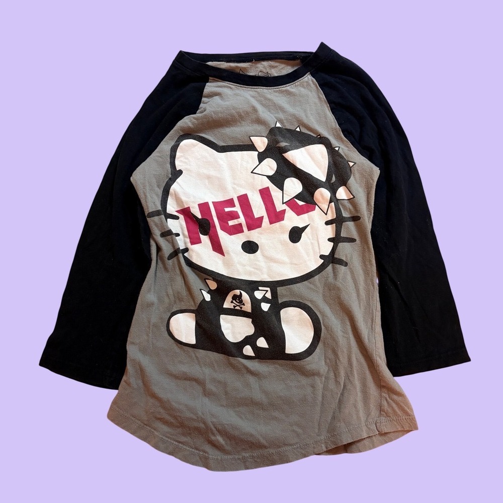 Y2K Rare Sanrio Hello Kitty Mad Barbarians Raglan Tee Scene Punk #17
